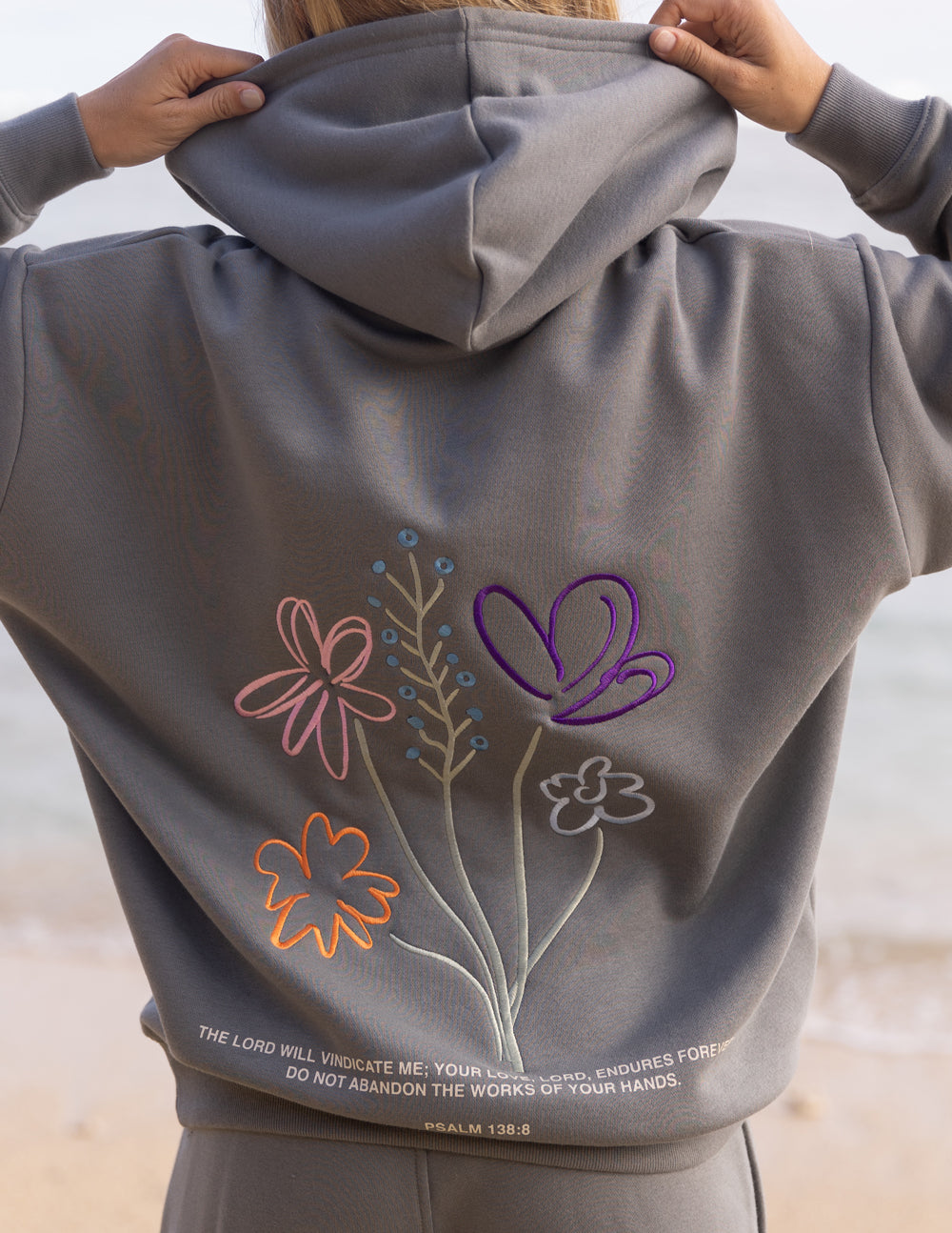 Elevated Faith Christian Hoodie in Gray with Floral Design and Inspirational Quote on Back