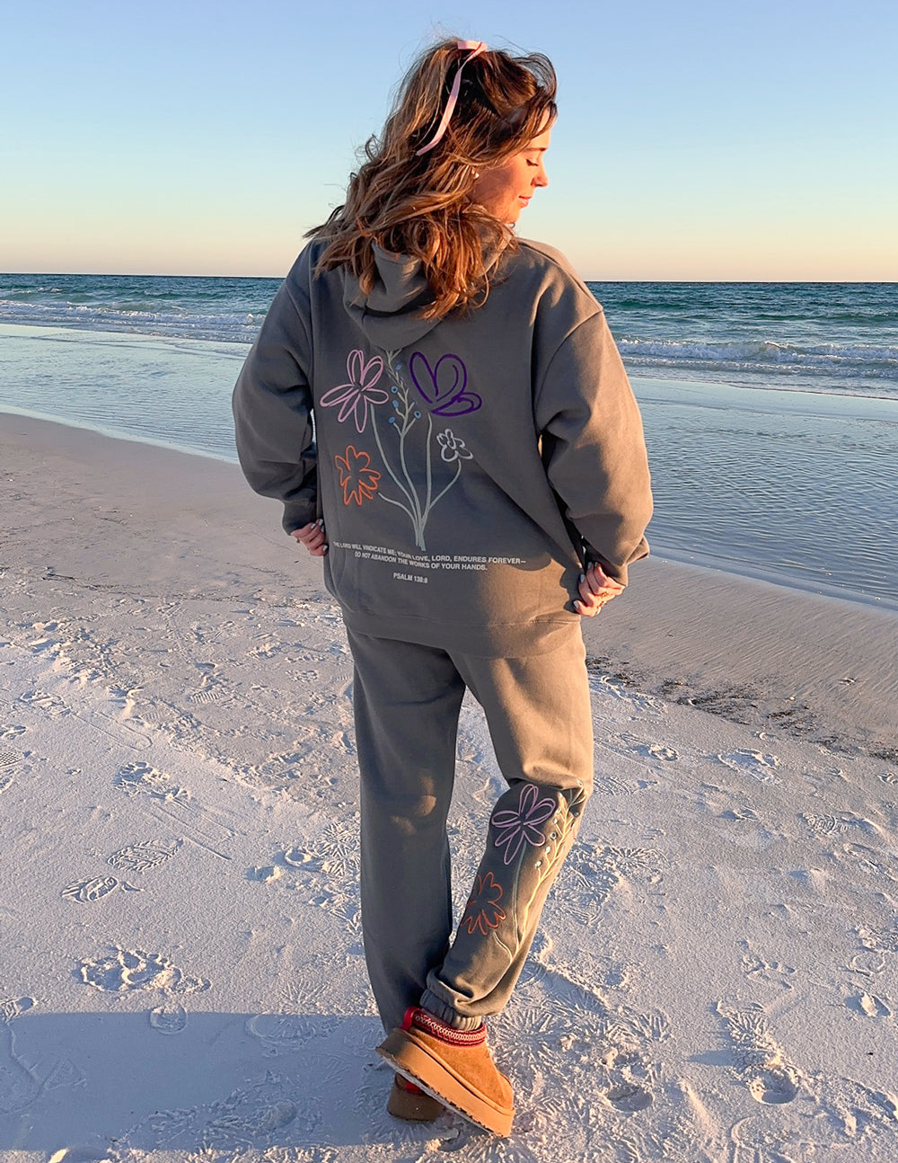Elevated Faith Christian Hoodie in gray with floral designs, perfect for casual beach outings