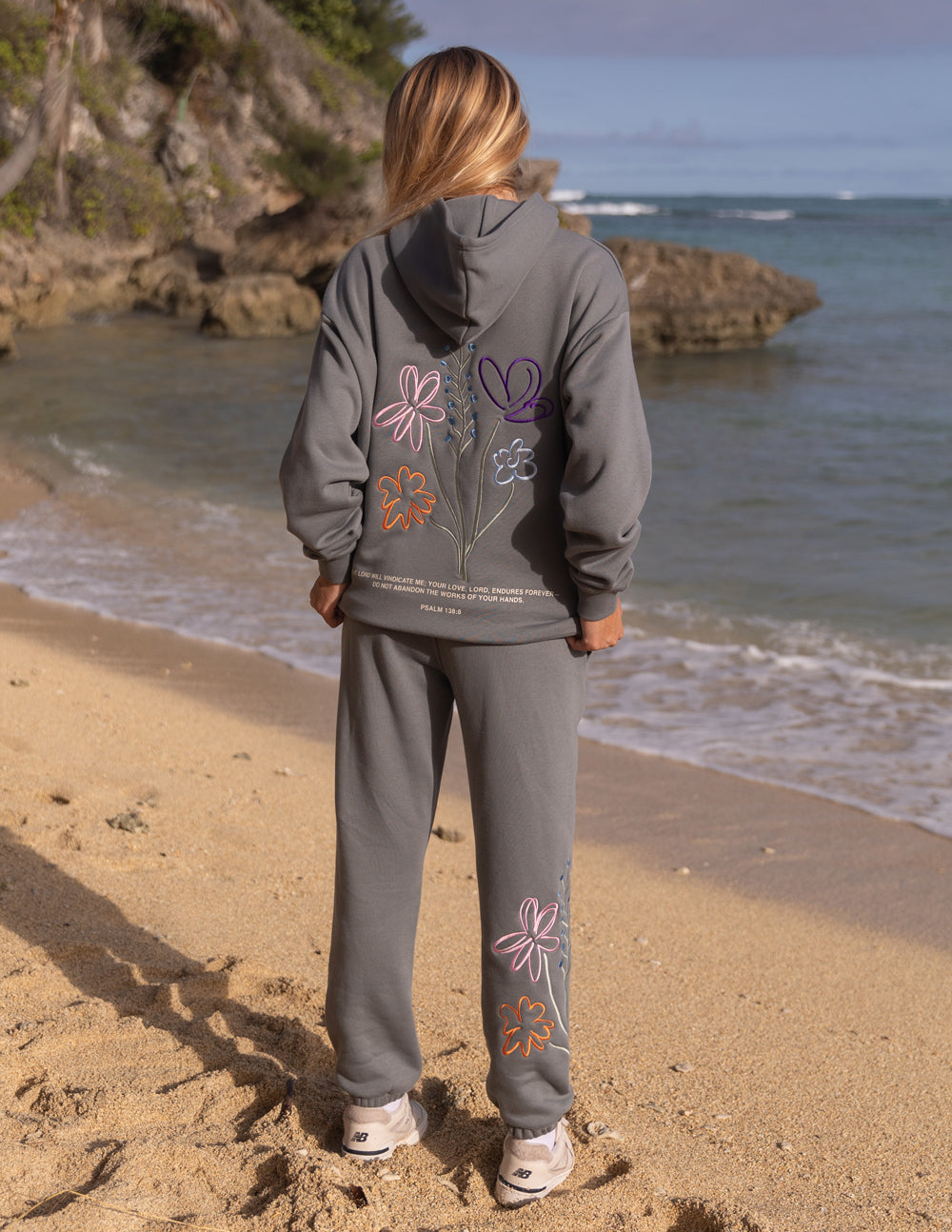 Elevated Faith Christian Hoodie in Gray with Colorful Flower Designs for Casual Beach Wear