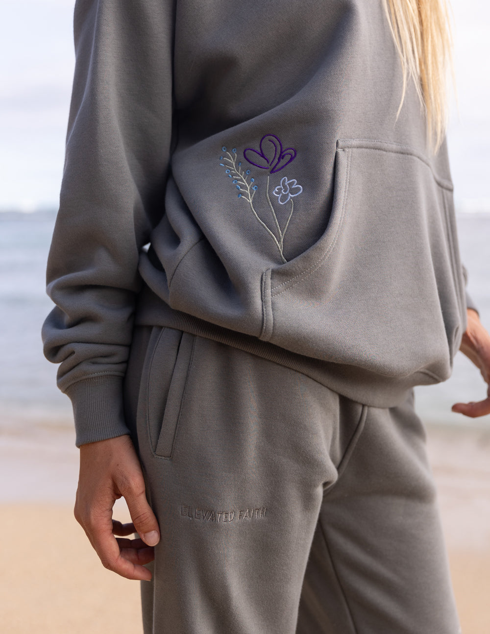 Elevated Faith Christian Hoodie in Gray with Embroidered Floral Pocket Design