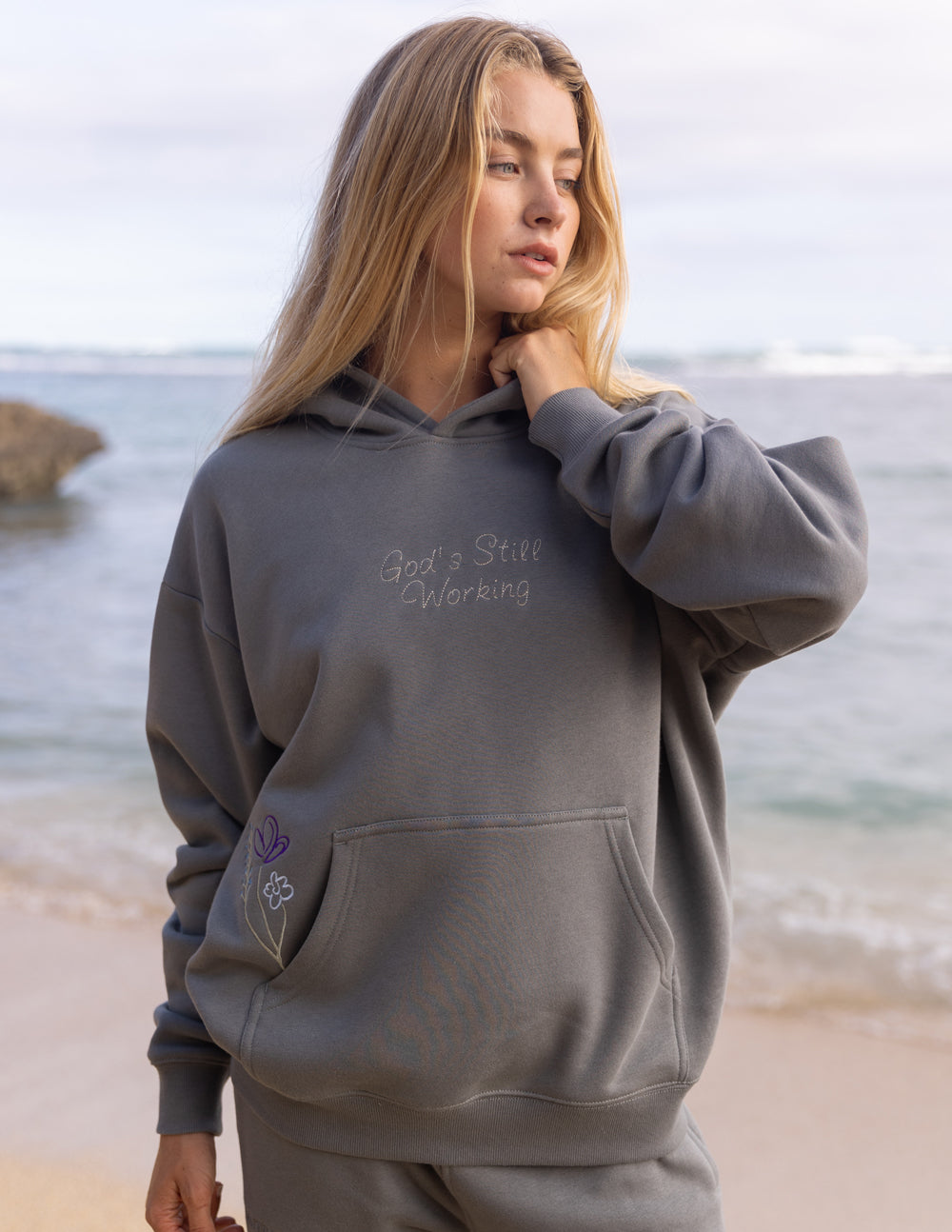 Elevated Faith Christian Hoodie in Gray with Floral Embroidery and Inspirational Message