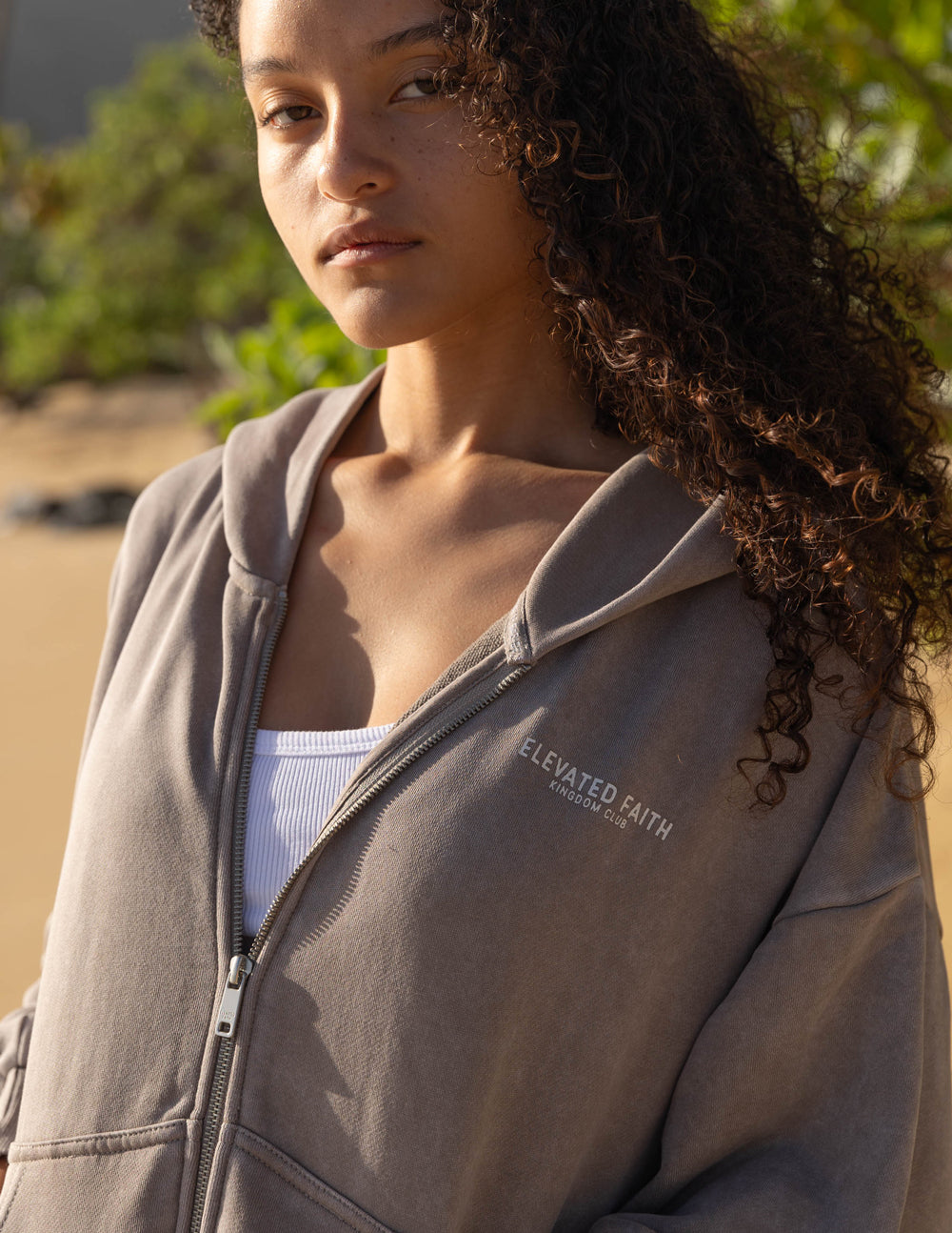 Elevated Faith Christian Hoodie in soft grey with a relaxed fit and zipper front