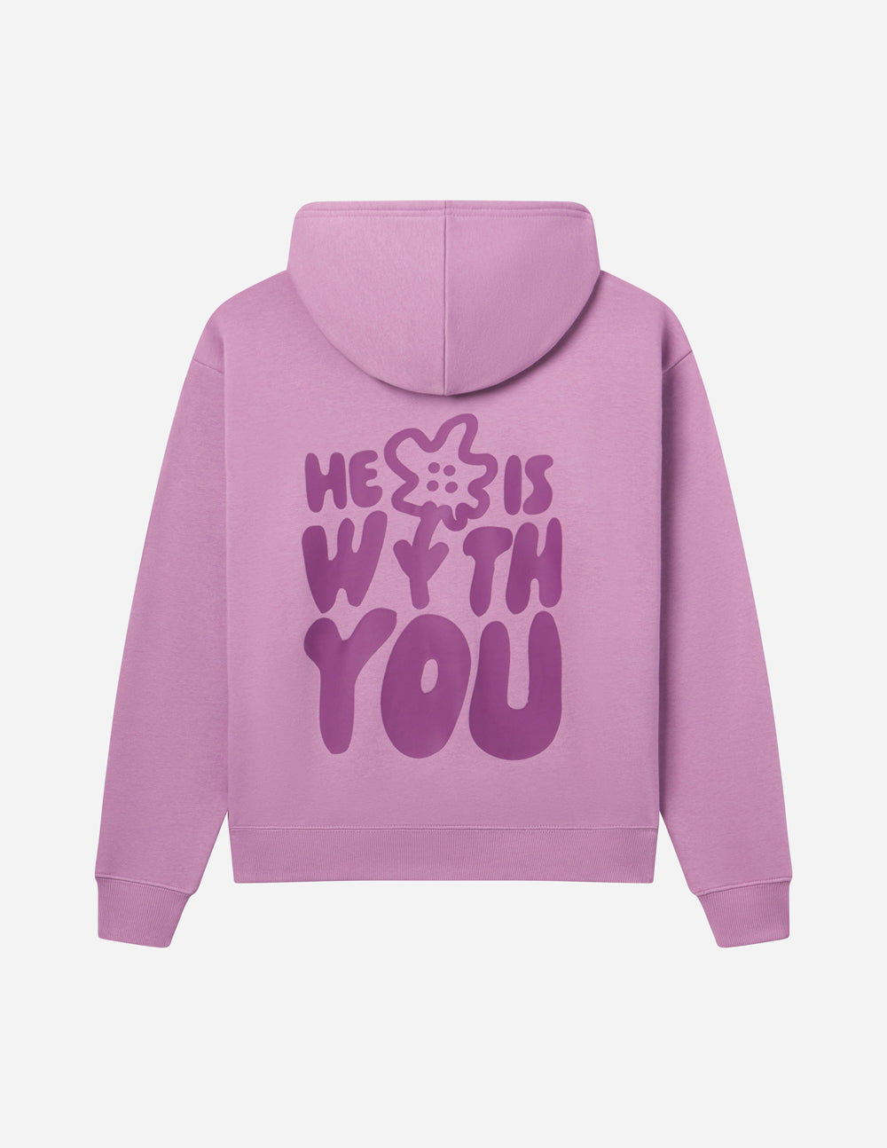 Elevated Faith Christian Hoodie in light purple featuring the words He is with you on the back