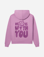 Elevated Faith Christian Hoodie in light purple featuring the words He is with you on the back