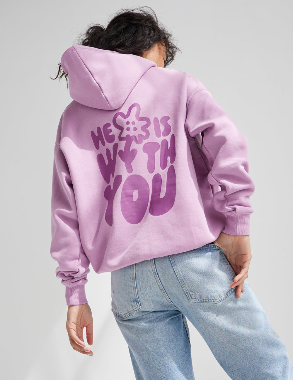 Elevated Faith Christian Hoodie in Lavender with 'He is with you' graphic on the back