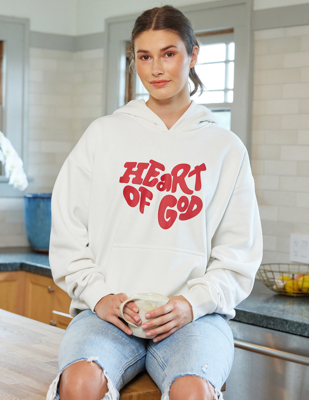 Elevated Faith Heart of God Christian Hoodie in White with Bold Red Text for Stylish Comfort