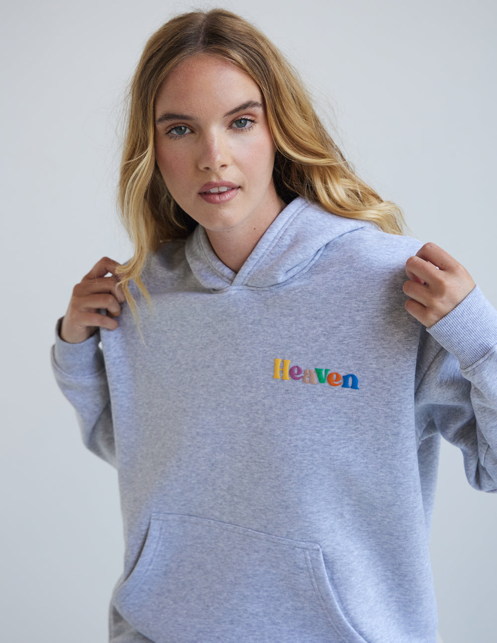 Elevated Faith Christian Hoodie in Grey with colorful 'Heaven' embroidery on the front