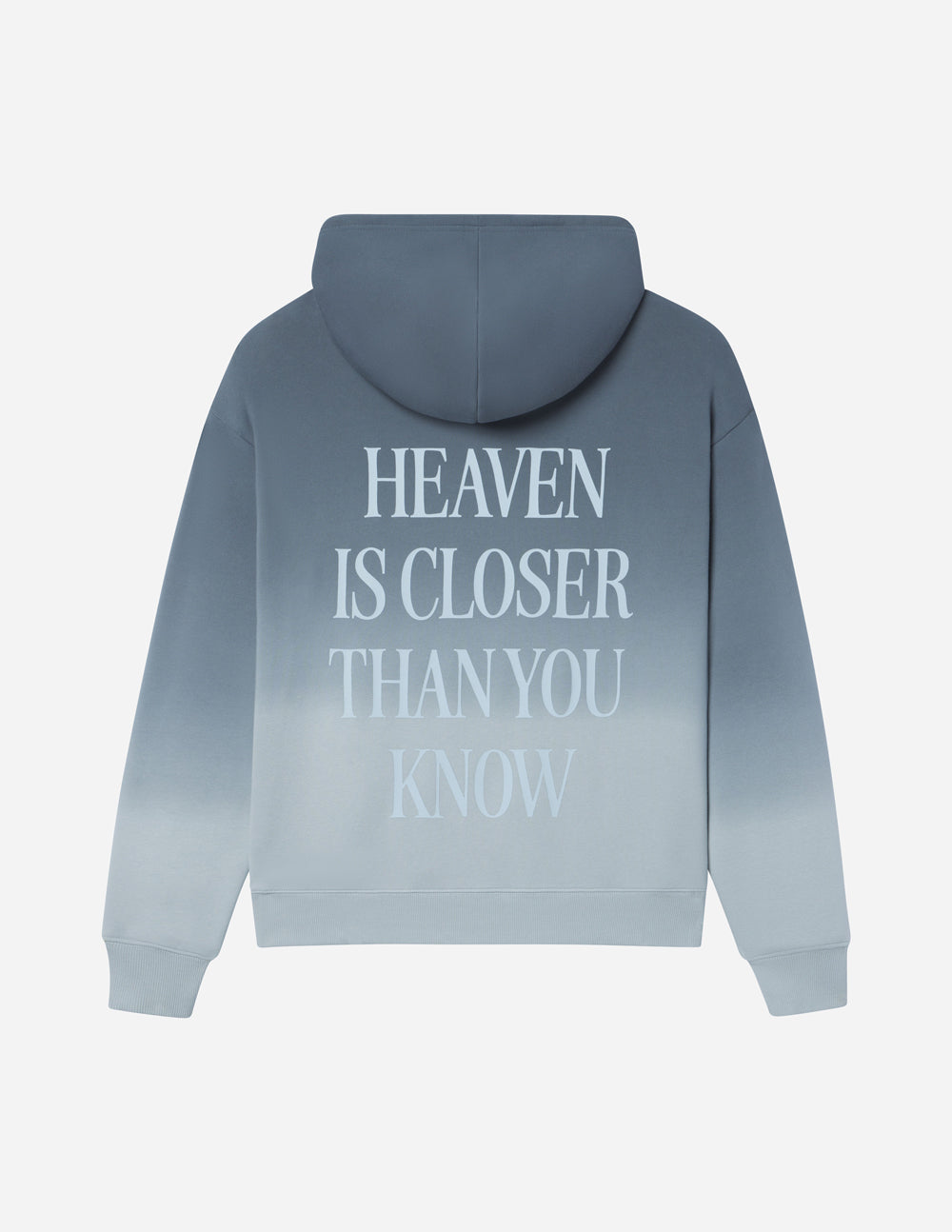 Elevated Faith Christian Hoodie in gradient blue featuring the phrase 'Heaven is Closer Than You Know' on the back