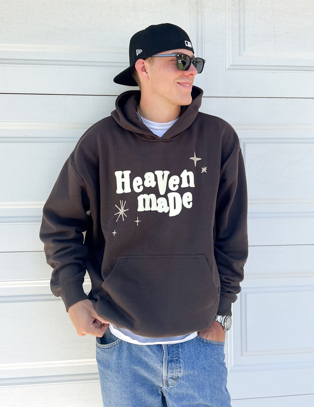 Brown Christian Hoodie by Elevated Faith with 'Heaven made' printed design for stylish faith expression