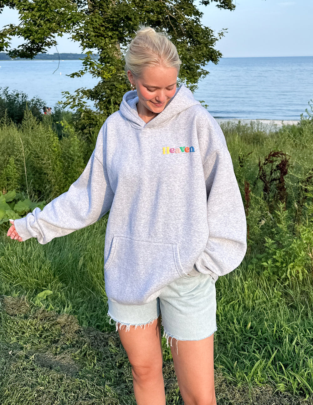 Light gray Christian Hoodie from Elevated Faith with colorful 'Heaven' embroidery on the front