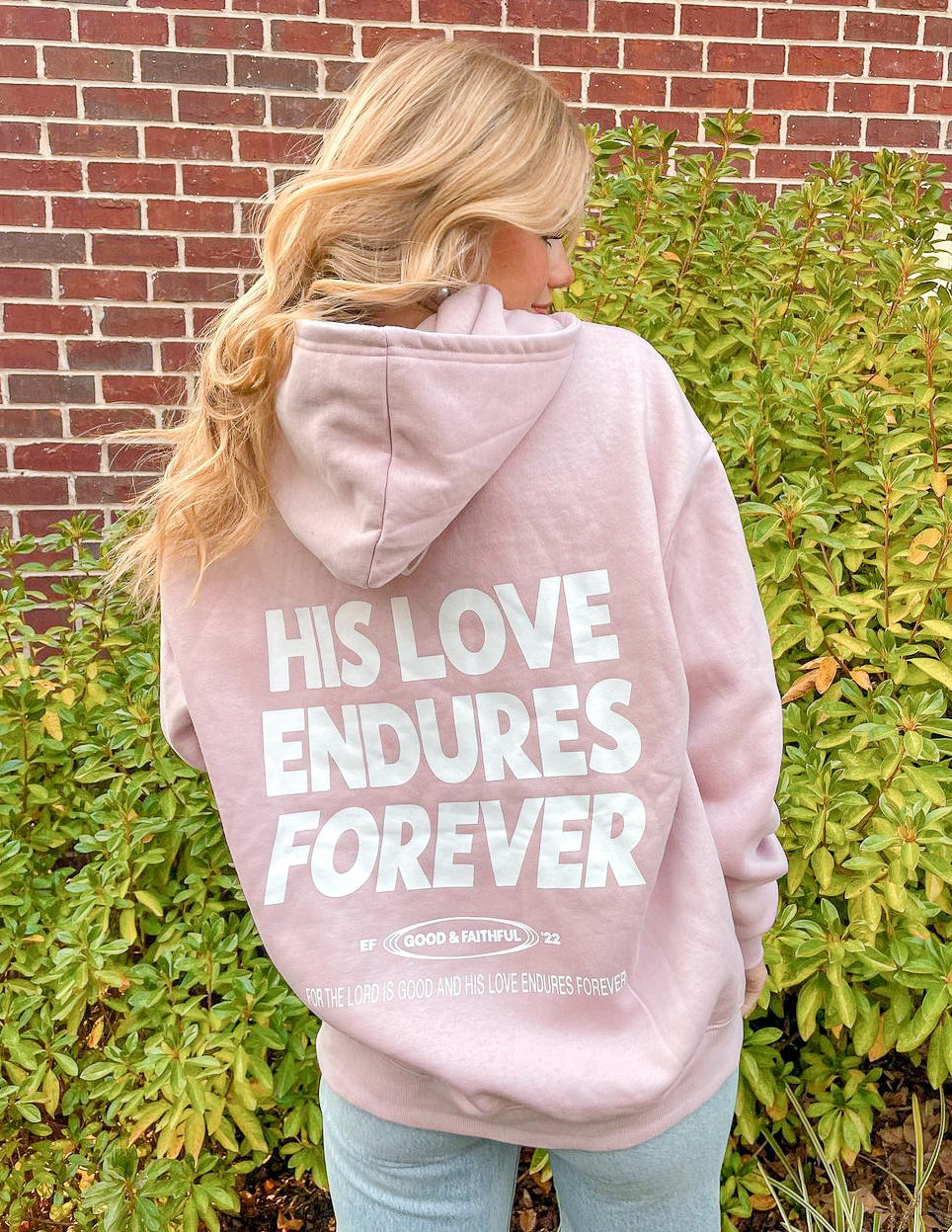 Elevated Faith Christian Hoodie in Pink with 'His Love Endures Forever' Design
