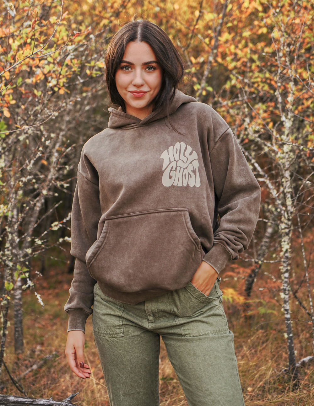 Elevated Faith Christian Hoodie in brown with 'Holy Ghost' graphic for casual wear