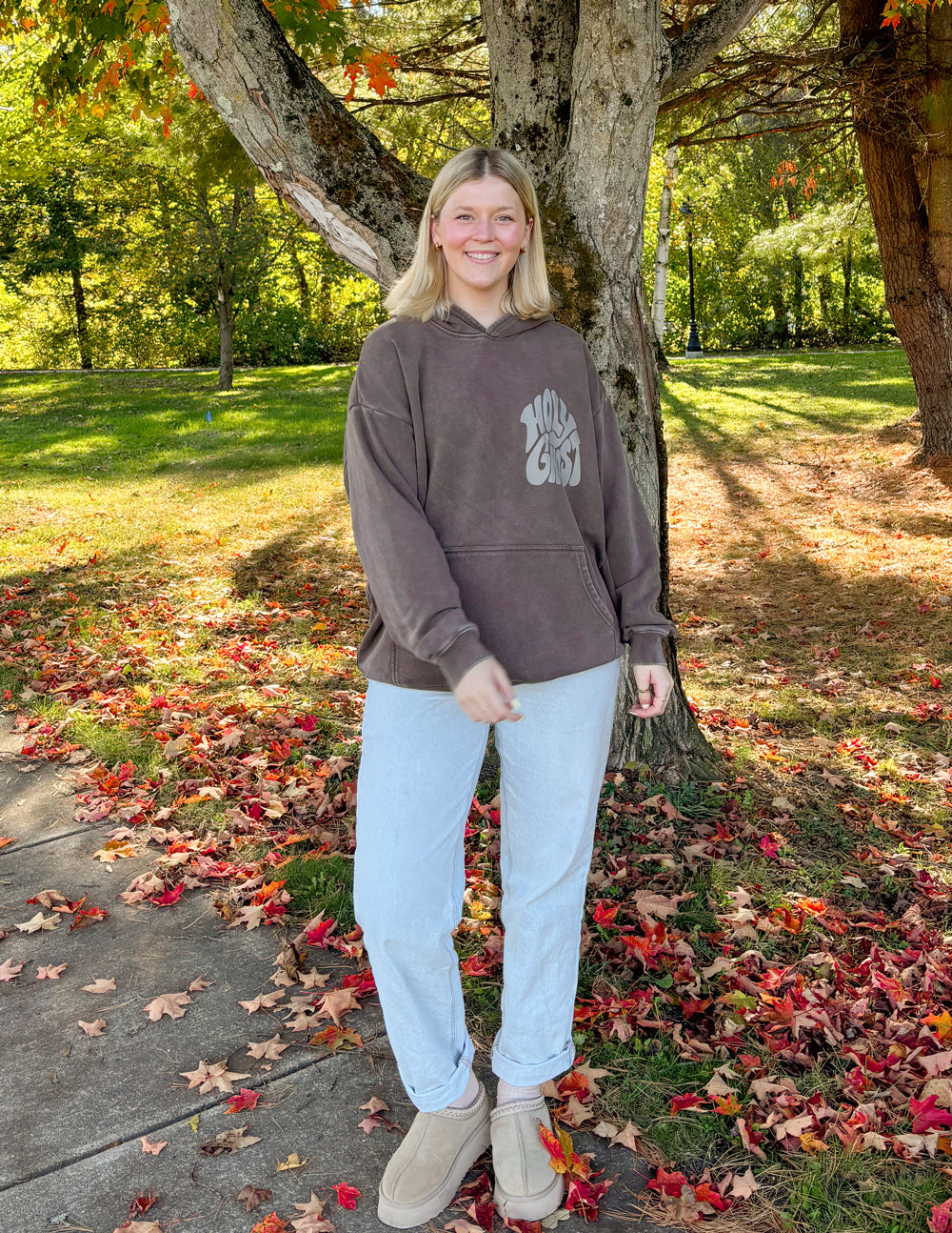 Elevated Faith Brown Christian Hoodie with Graphic Design, perfect for casual fall outings