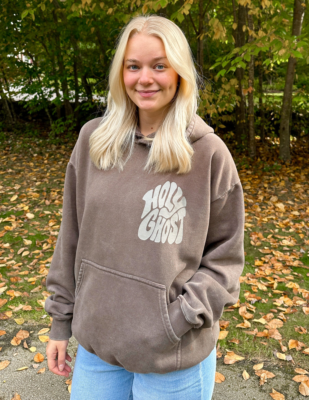 Casual Elevated Faith Christian Hoodie in brown with 'Holy Ghost' graphic on the front
