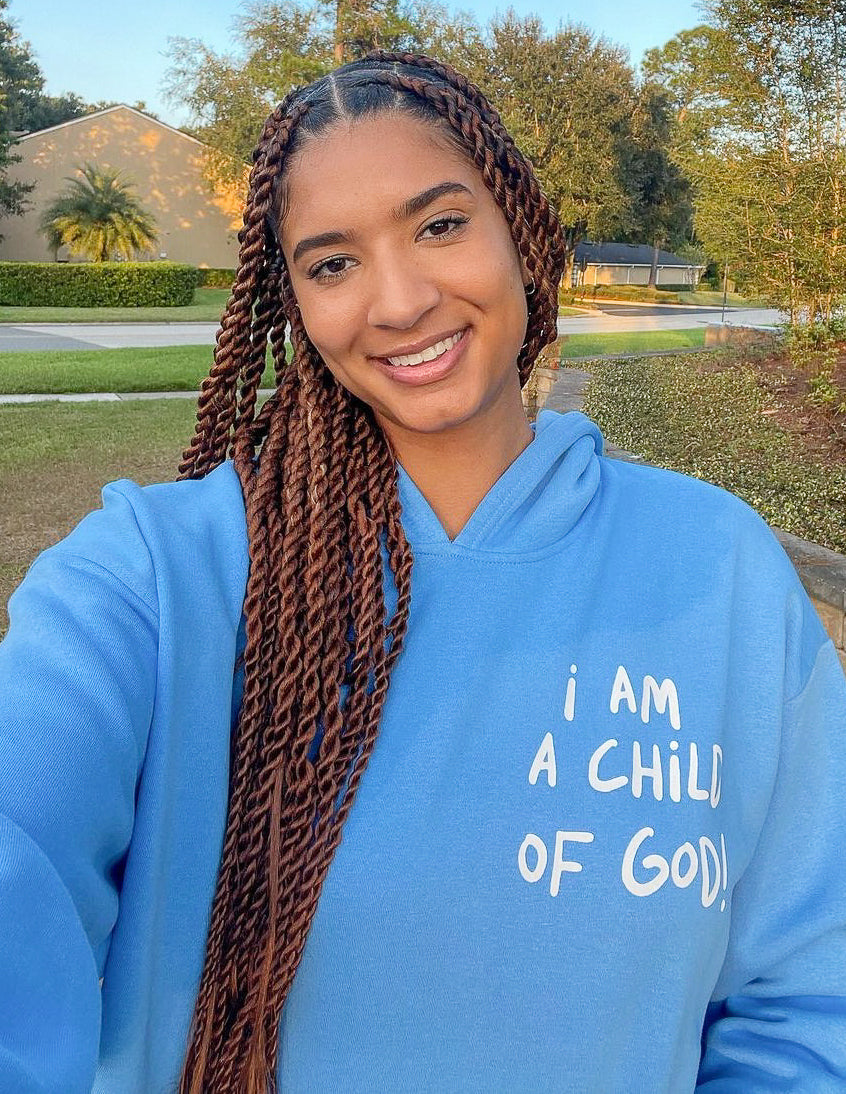 Blue Elevated Faith Christian Hoodie with the phrase I Am a Child of God printed on the front