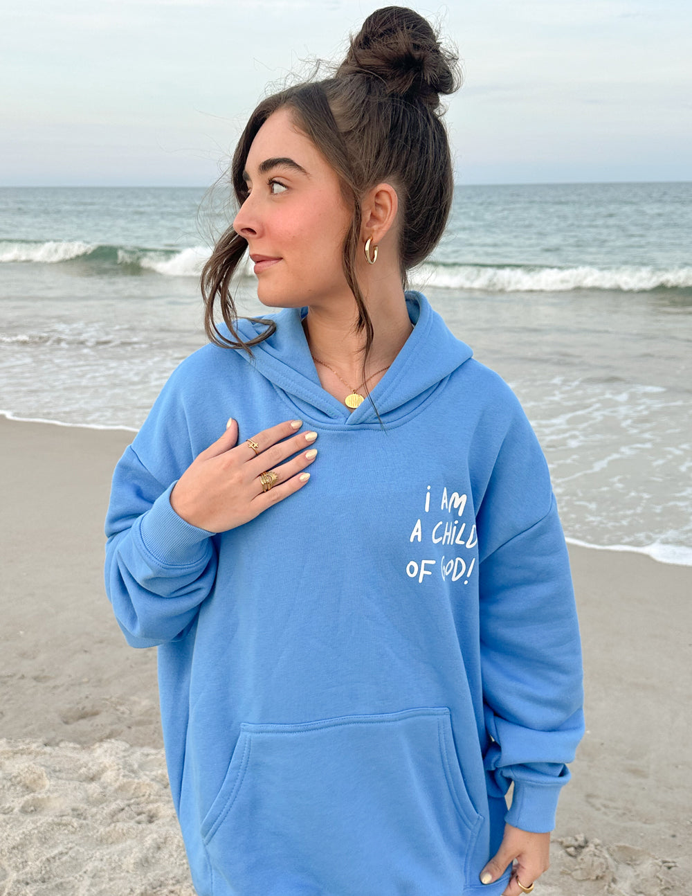 Elevated Faith Christian Hoodie in Blue with 'I am a Child of God' Text for Casual Beach Wear