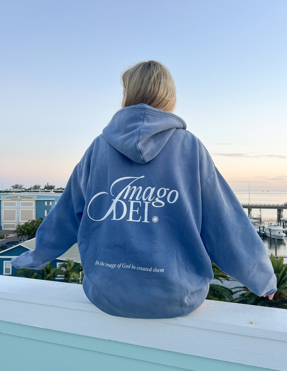 Elevated Faith Christian Hoodie in Blue with Imago Dei design on the back for comfortable wear