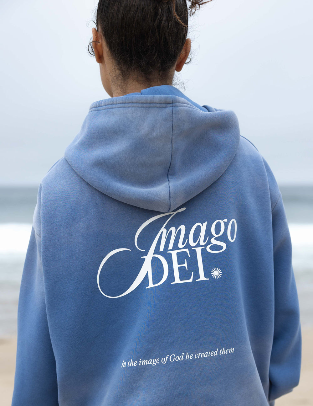 Elevated Faith Imago Dei Christian Hoodie in blue with inspirational text on back