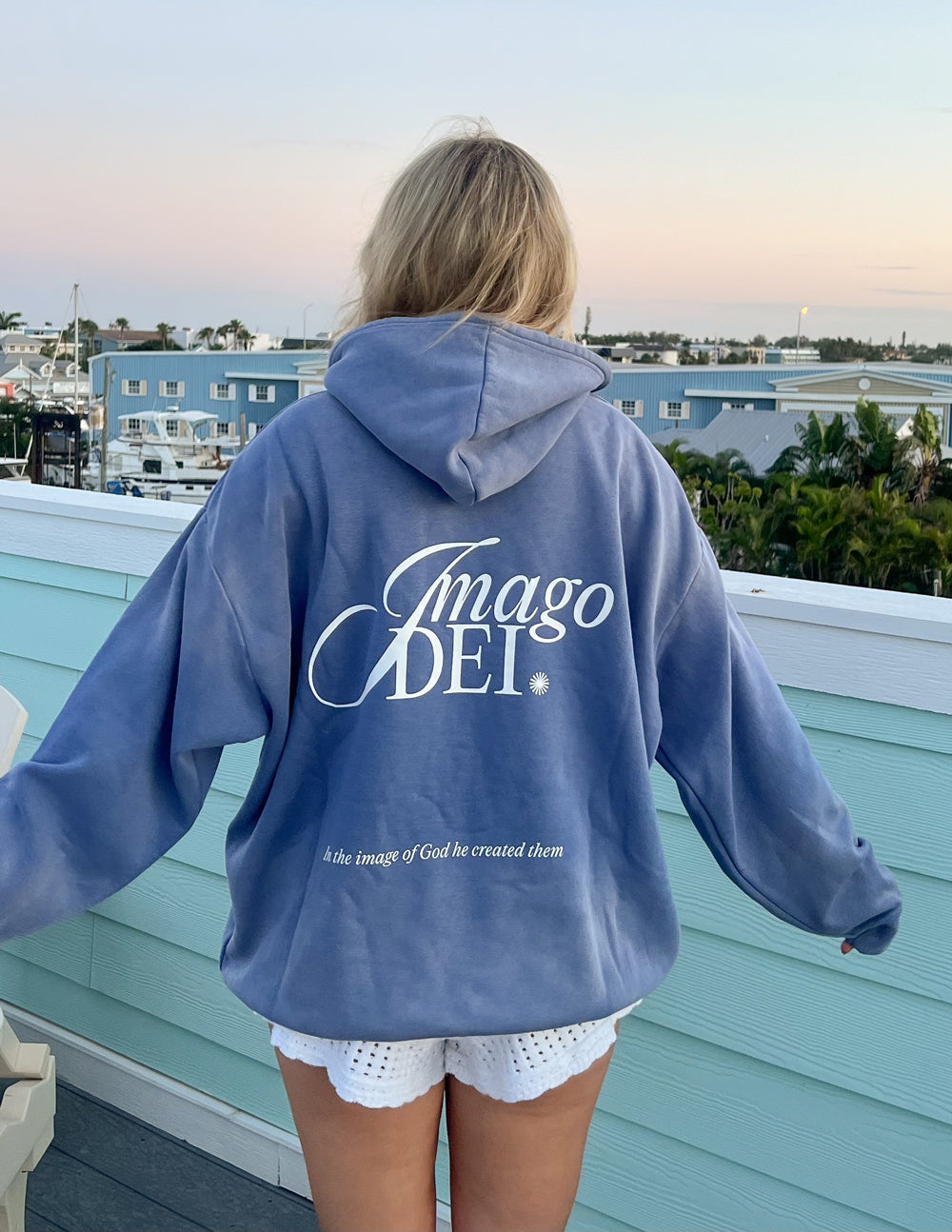Elevated Faith Christian Hoodie in blue with Imago Dei text on the back for a comfortable style