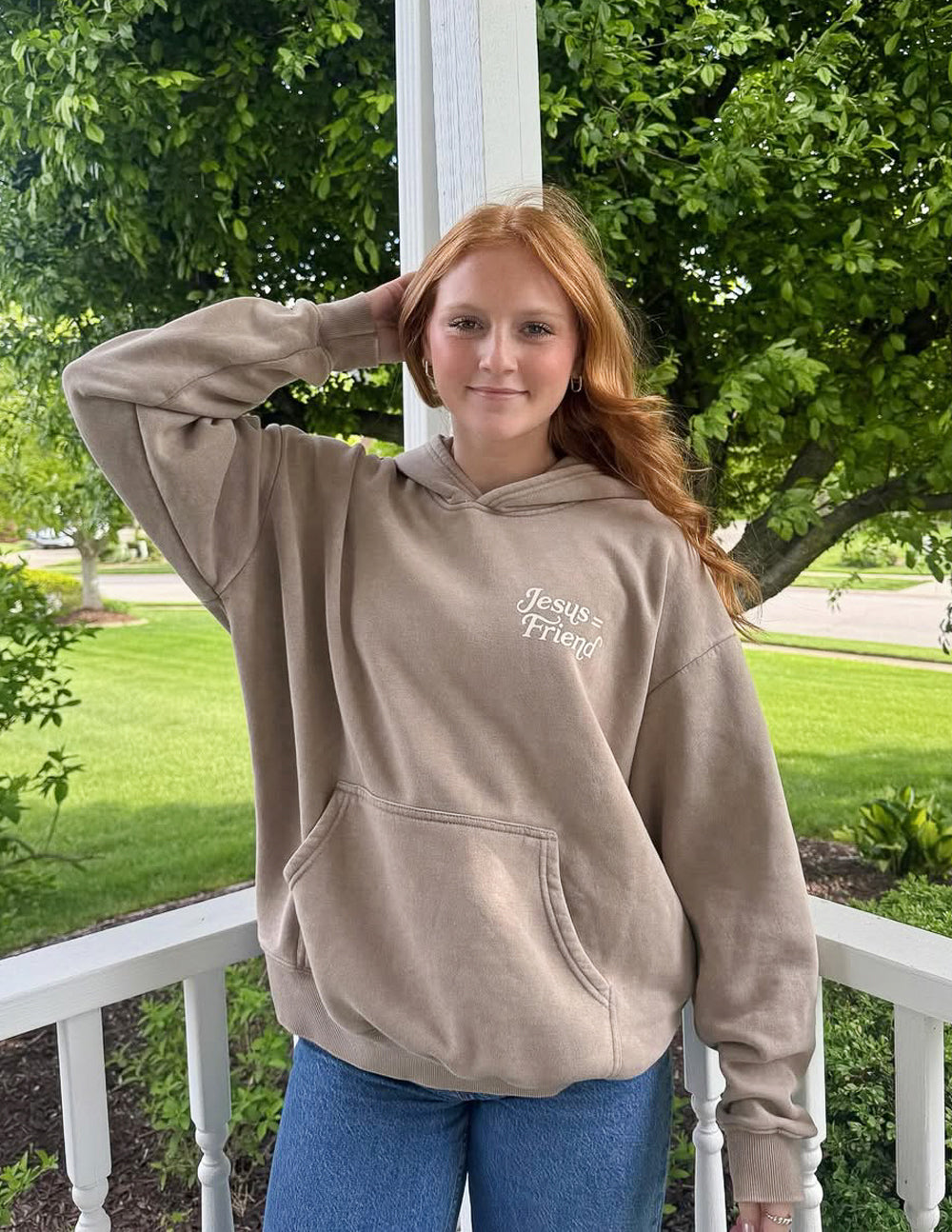 Elevated Faith Christian Hoodie in brown with Jesus Friends graphic for comfortable faith-based wear