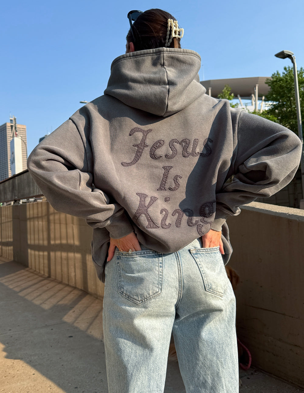 Elevated Faith Christian Hoodie in Gray with 'Jesus Is King' design on the back