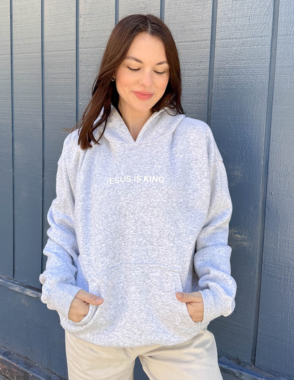 Light Gray Elevated Faith Christian Hoodie with 'Jesus Is King' Text and Front Pocket