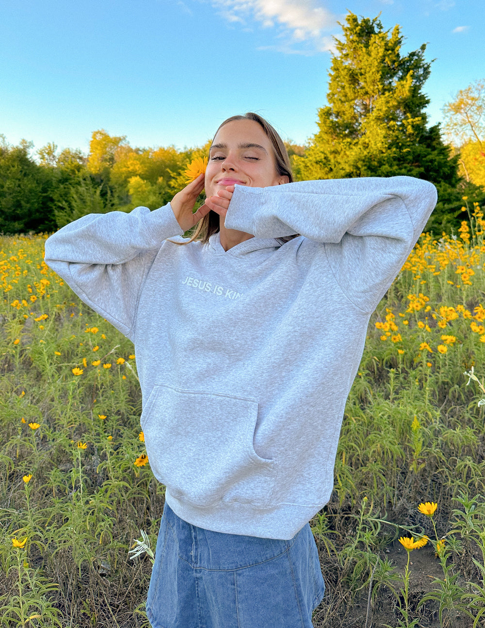 Gray Elevated Faith Christian Hoodie with 'Jesus is King' embroidery perfect for casual wear