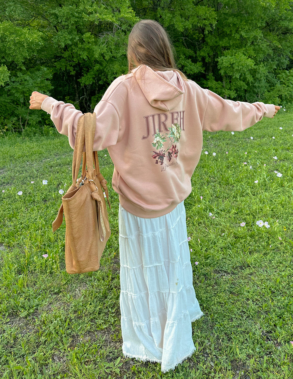 Elevated Faith Christian Hoodie in blush with floral design, perfect for casual outings and expressing faith