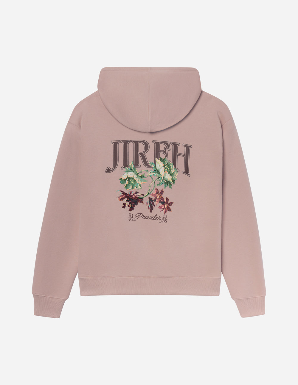 Elevated Faith Christian Hoodie in Dusty Pink featuring JIREH and floral design on the back