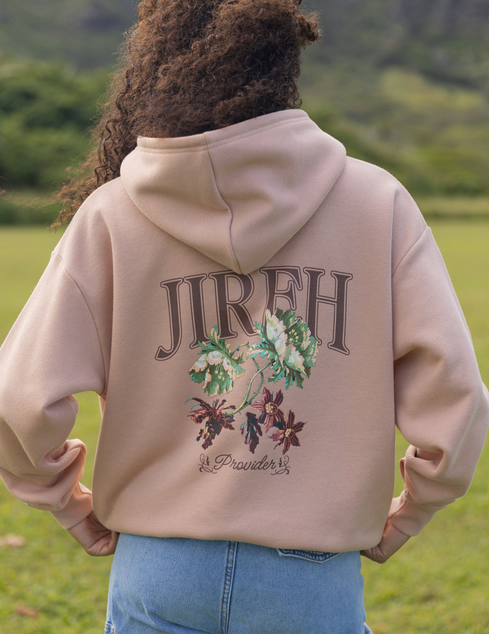 Elevated Faith Christian Hoodie in Light Tan with JIREH Provider Floral Design on Back