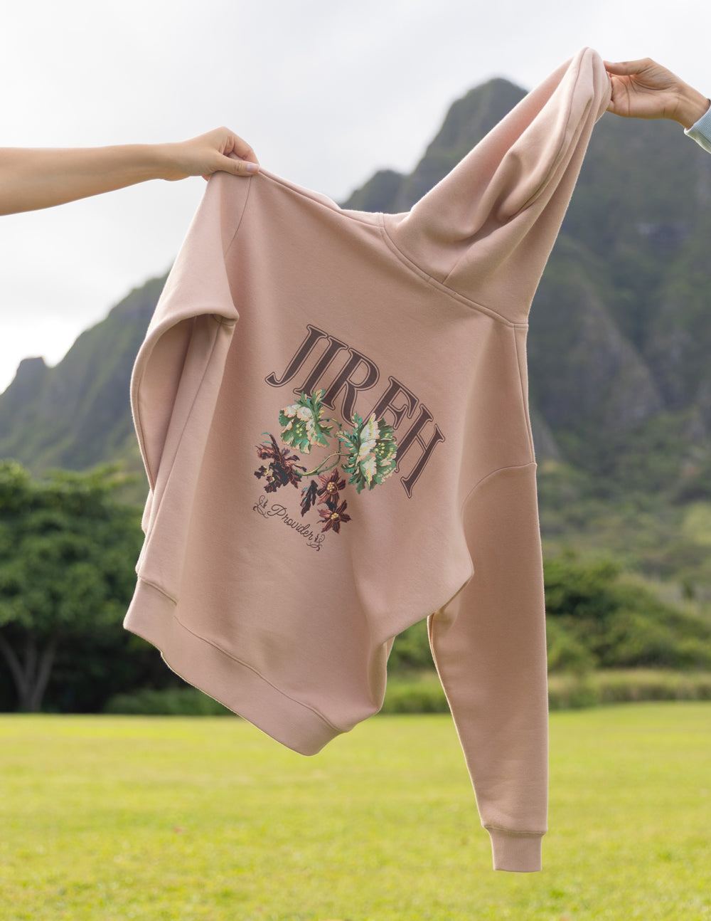 Elevated Faith Christian Hoodie in Light Pink with Floral Design and JIREH text