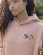 Elevated Faith Christian Hoodie in soft pink featuring 'JIREH' text for a stylish look
