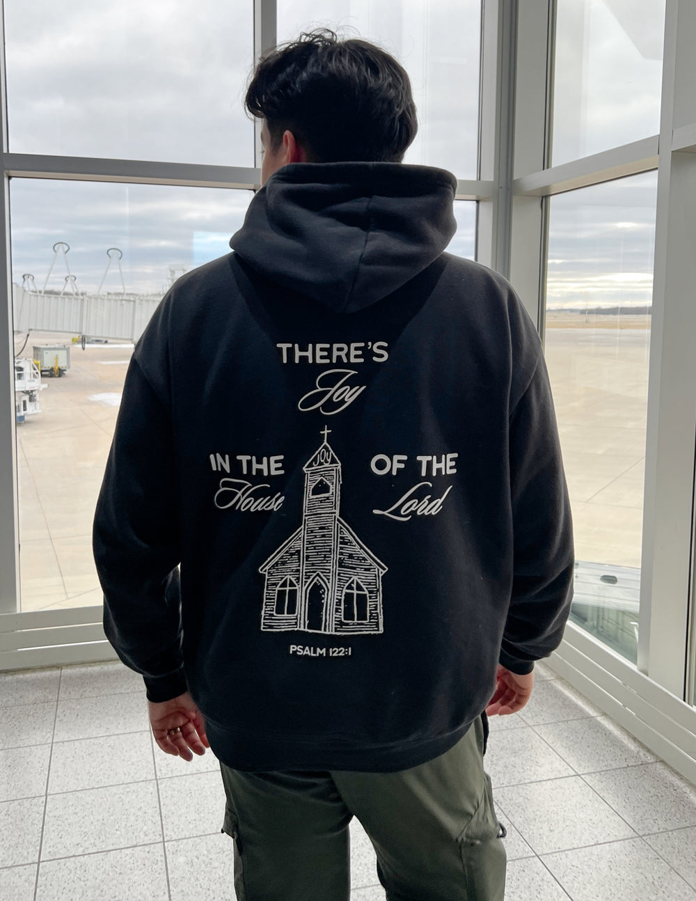 Black Christian Hoodie with church graphic and Psalm 122:1 text on the back
