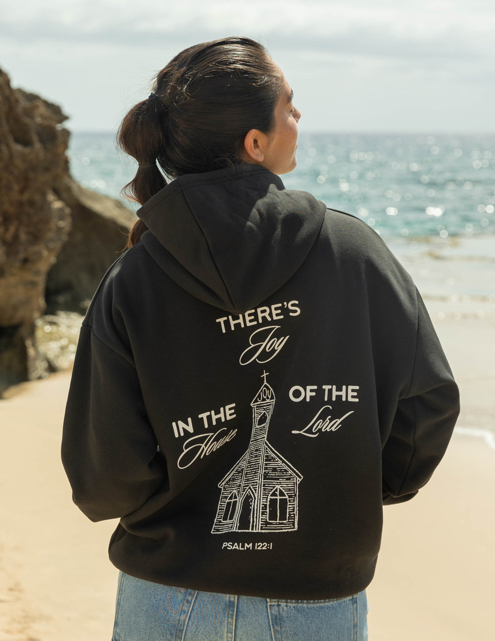 Elevated Faith Christian Hoodie featuring 'There's Joy in the House of the Lord' graphic on the back