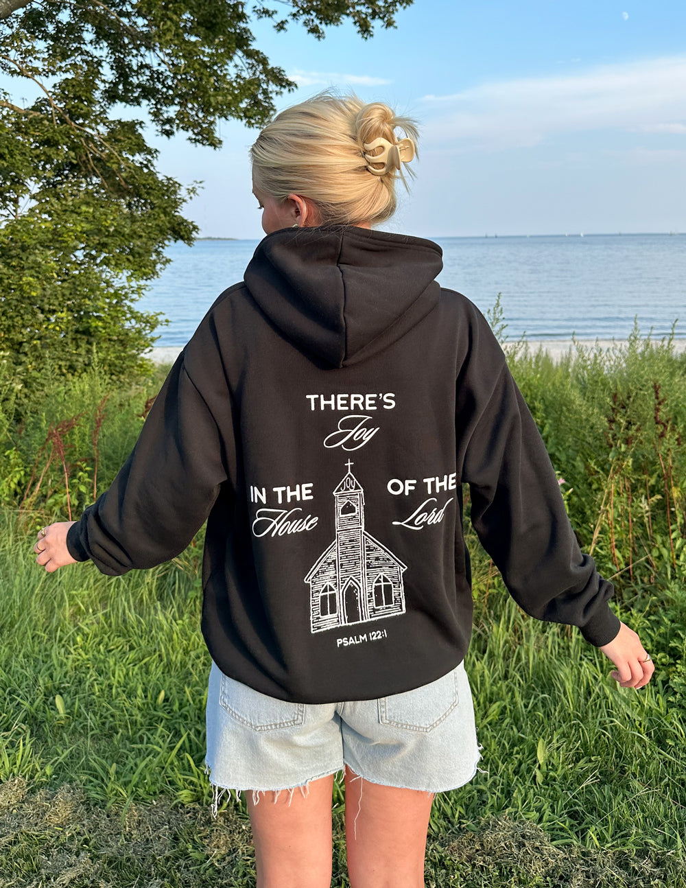 Elevated Faith Christian Hoodie in Black featuring Psalm 122:1 quote and church graphic