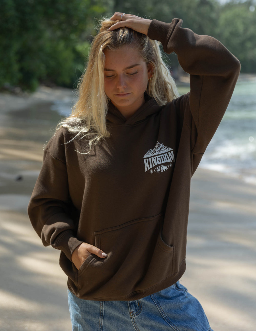 Brown Christian Hoodie from Elevated Faith featuring a front pocket and mountain design