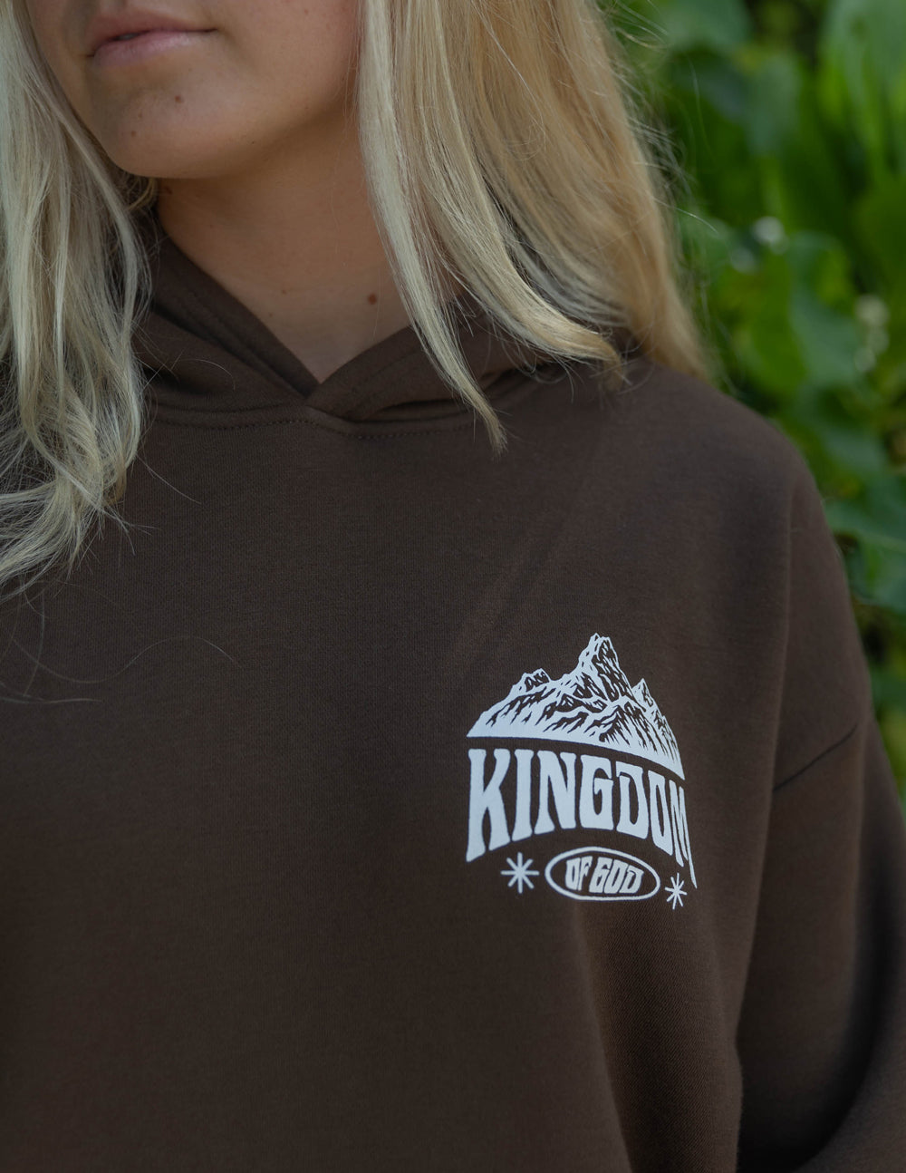 Brown Christian Hoodie featuring 'Kingdom of God' graphic with mountain design