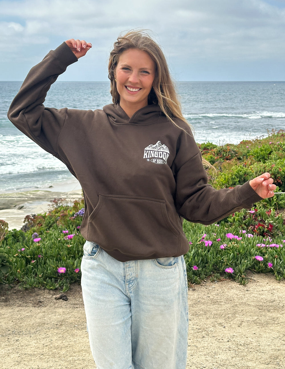 Brown Elevated Faith Christian Hoodie featuring a Kingdom design, perfect for casual wear at the beach