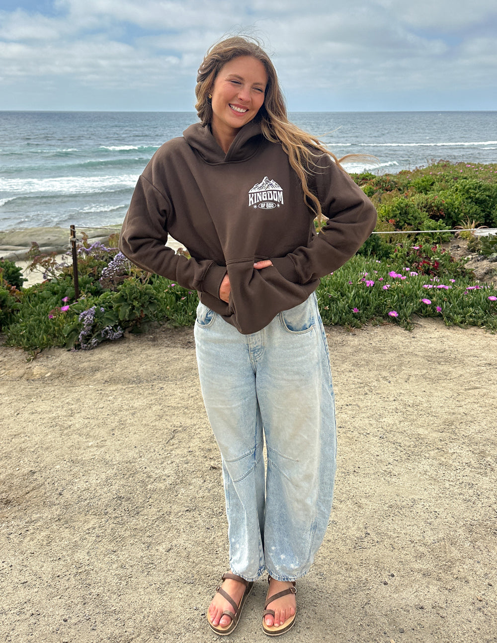 Elevated Faith Christian Hoodie in Brown with Kingdom design for casual outdoor wear