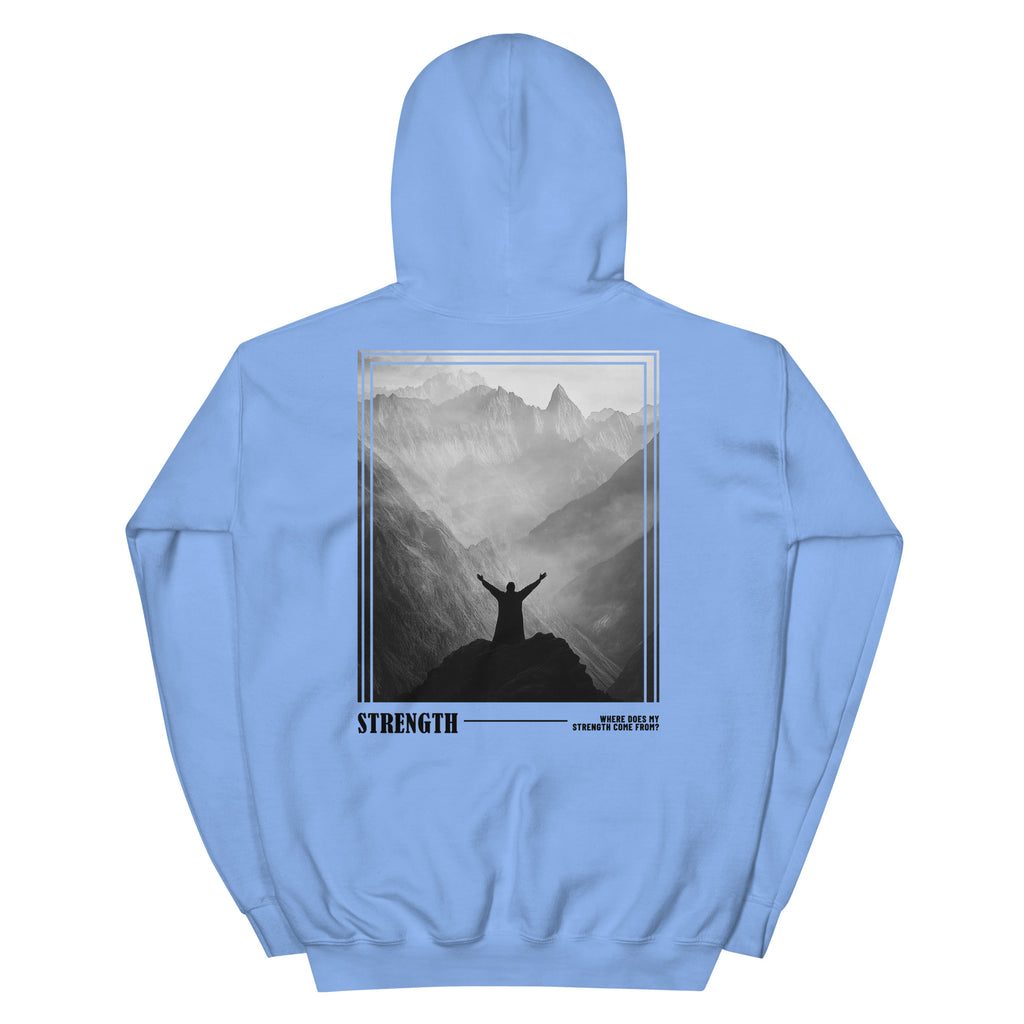 Christian Hoodie in Light Blue with Mountain Strength Graphic on the Back