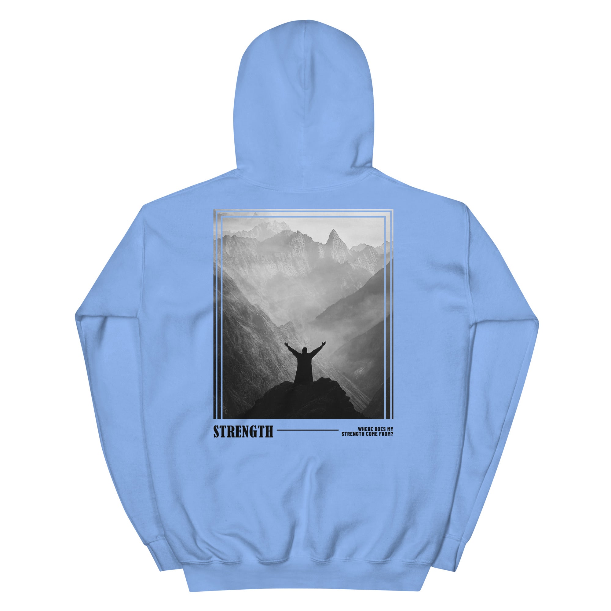 Christian Hoodie in Light Blue with Mountain Strength Graphic on the Back
