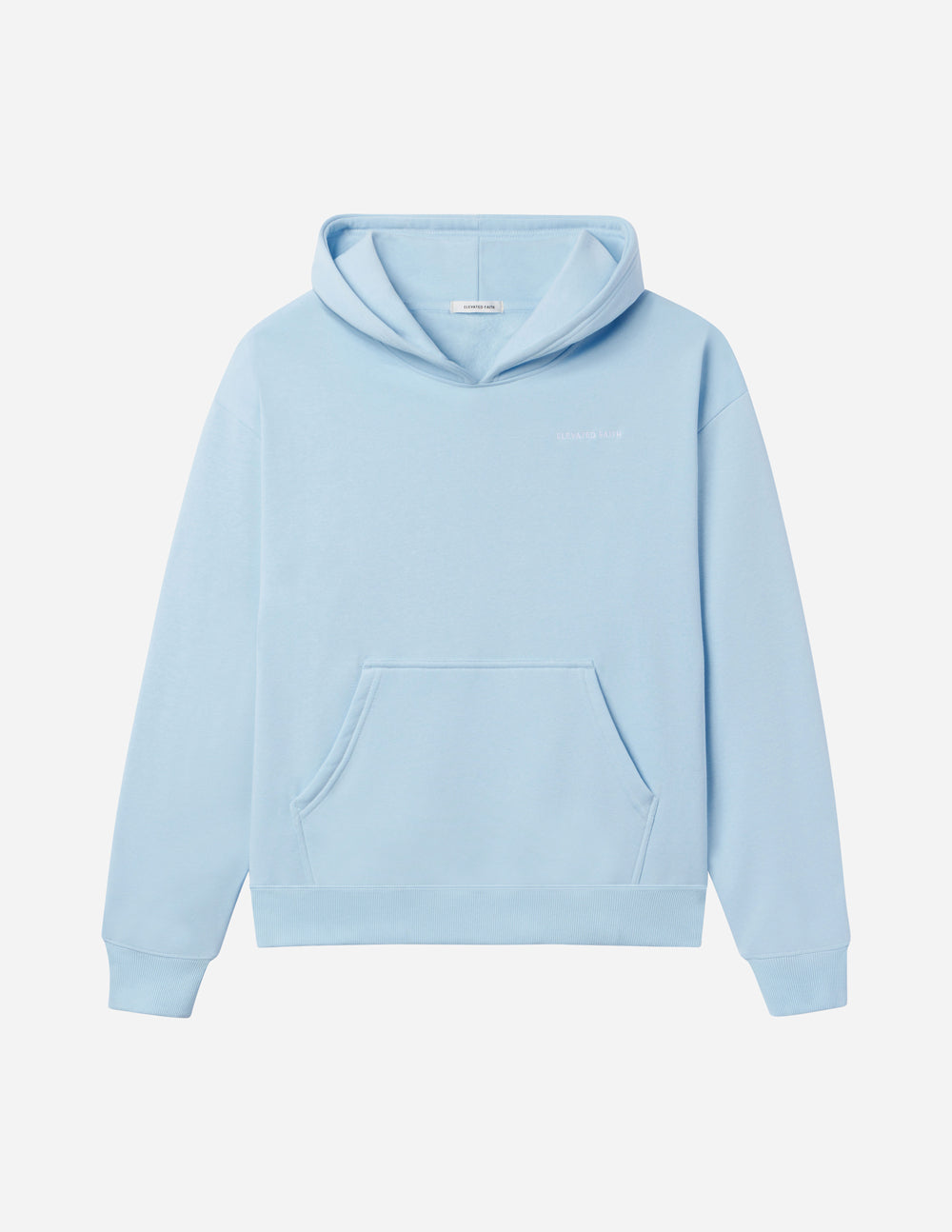 Light blue Elevated Faith Christian Hoodie with a front pocket and a cozy design for everyday wear