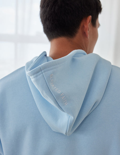 Elevated Faith Christian Hoodie in Light Blue with Stylish Hood Detail