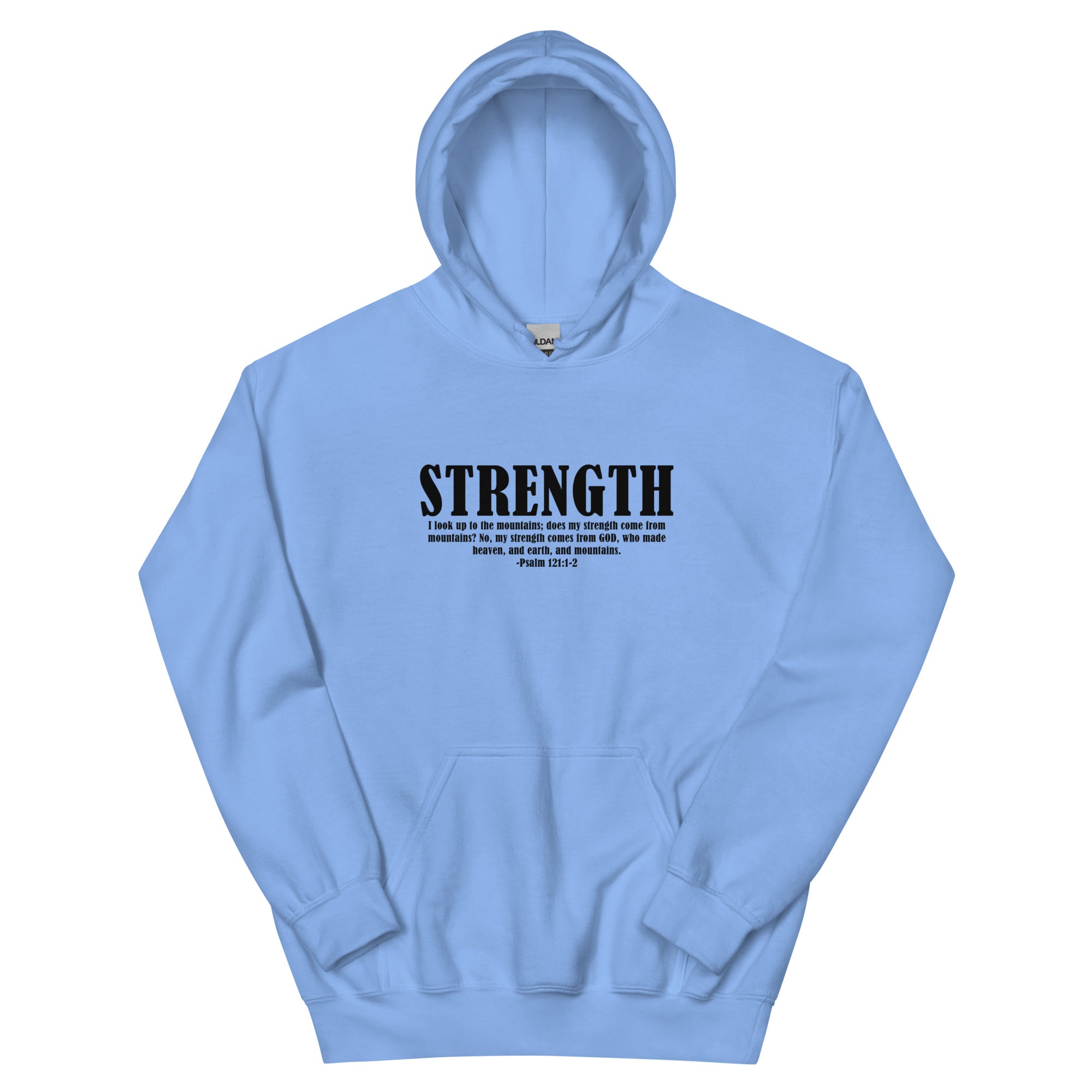 Light Blue Christian Hoodie with 'STRENGTH' and Bible verse for inspirational wear
