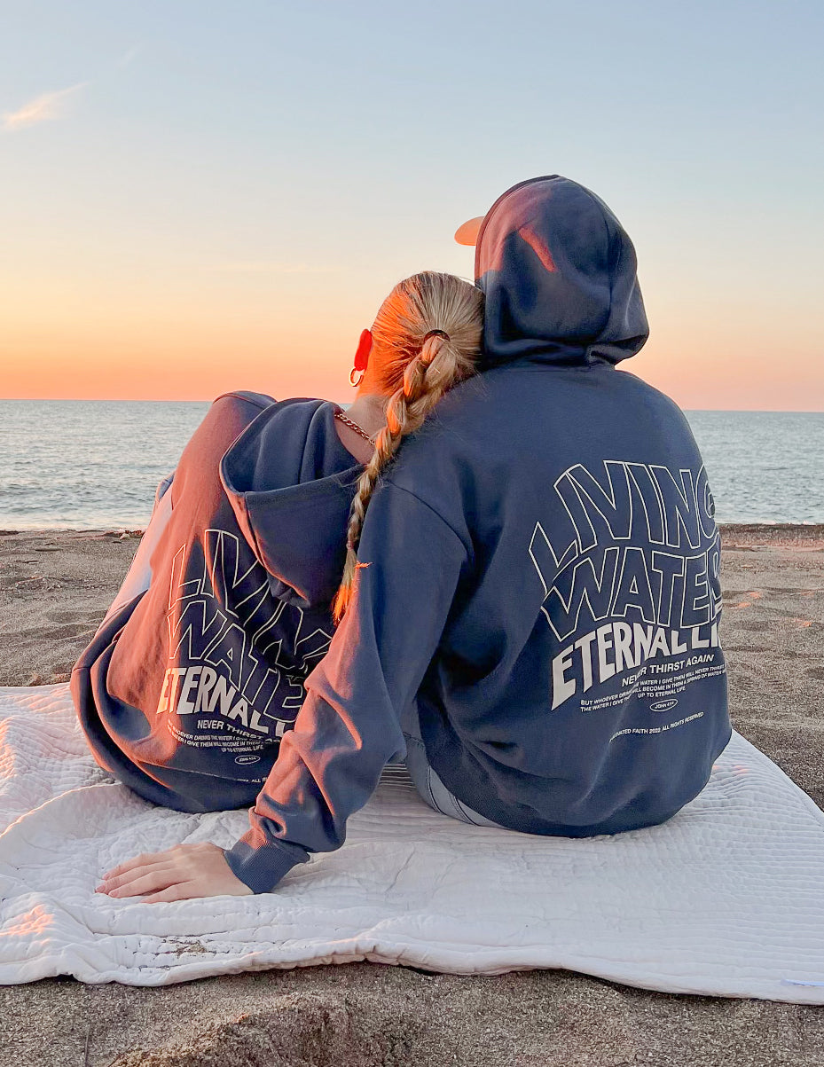 Elevated Faith Christian Hoodie featuring 'Living Waters Eternal Life' design for casual wear