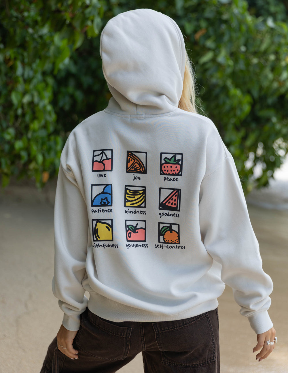 Elevated Faith Christian Hoodie in white featuring colorful inspirational graphics on the back