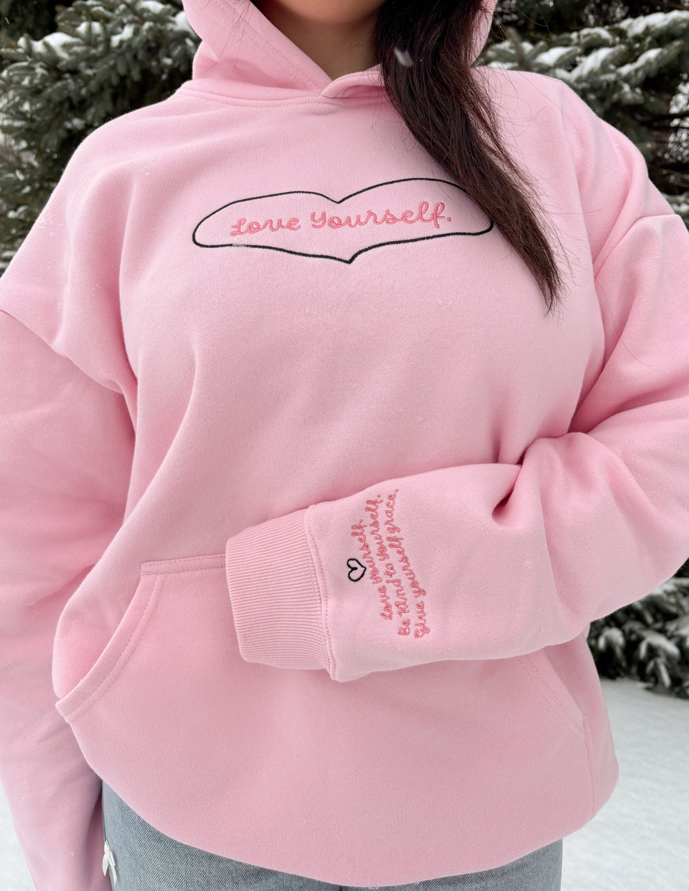 Elevated Faith Christian Hoodie in pink with 'love Yourself' text on the front and stylish cuffs