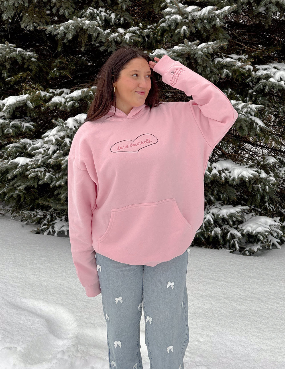Pink Elevated Faith Christian Hoodie with 'Love Yourself' design and front pocket for cozy comfort