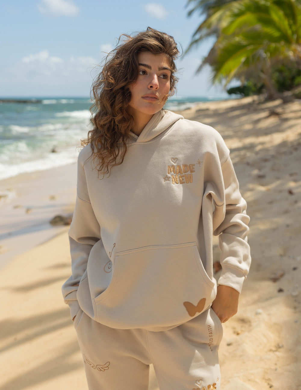 Elevated Faith Made New Christian Hoodie in Beige Perfect for Casual Beach Outings