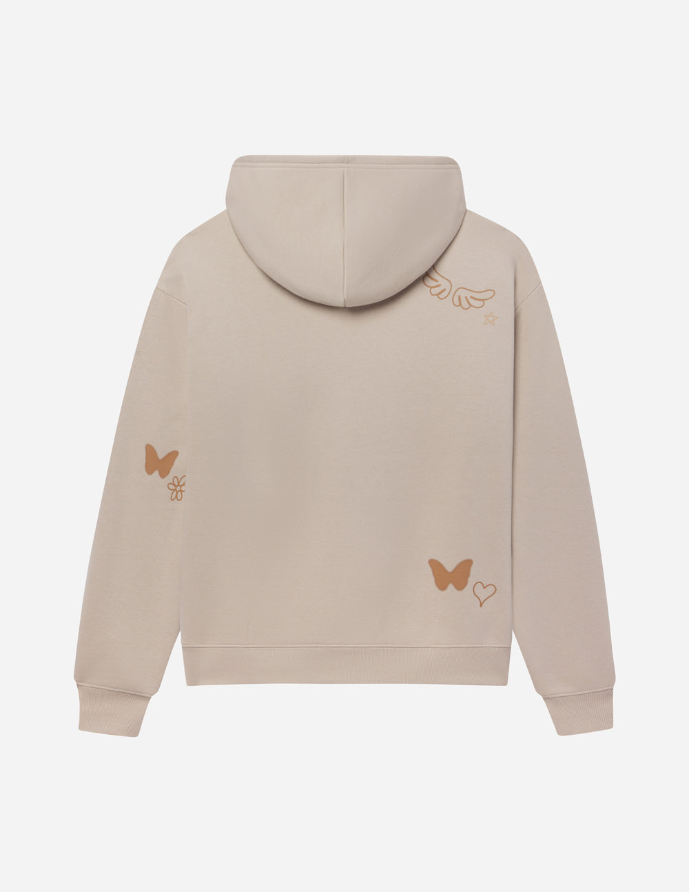 Light beige Christian Hoodie featuring butterfly and heart designs on the back